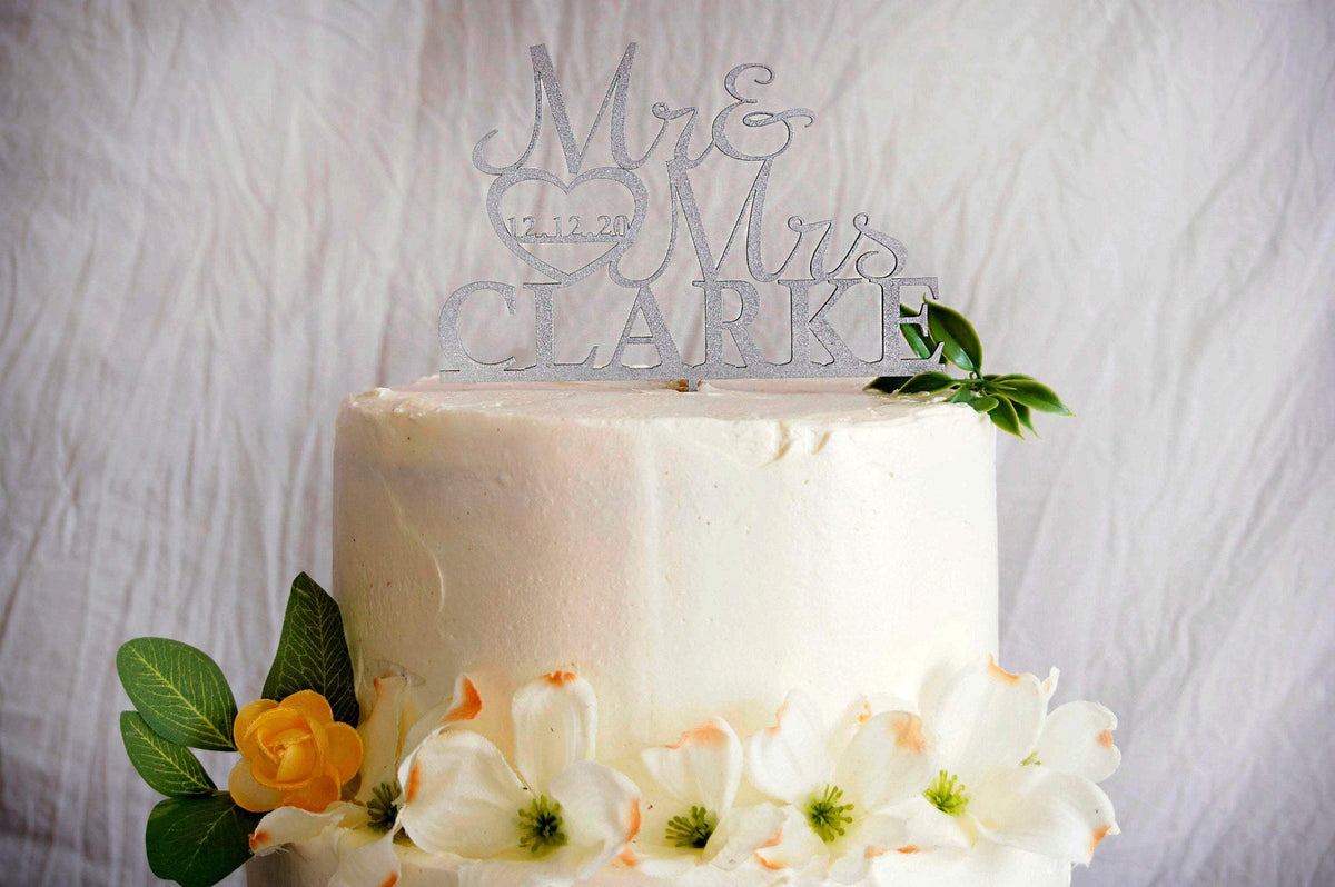 Mr and Mrs Wedding Cake Topper |  Heart Cake Topper Personalized | Gold, Silver, Rose Gold, &amp; Wood Cake Topper | Custom Wood Cake Toppers