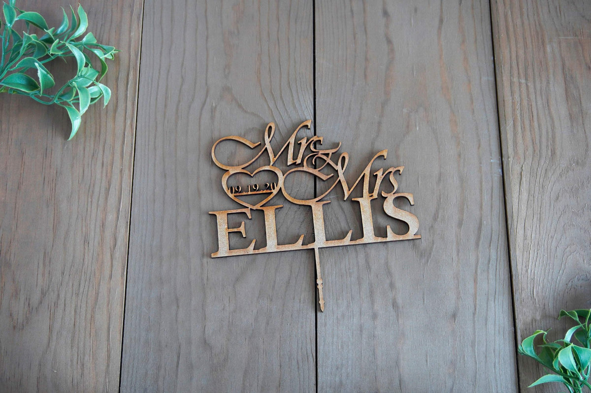 Mr and Mrs Wedding Cake Topper |  Heart Cake Topper Personalized | Gold, Silver, Rose Gold, &amp; Wood Cake Topper | Custom Wood Cake Toppers