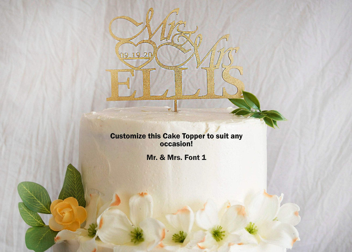 Mr and Mrs Wedding Cake Topper |  Heart Cake Topper Personalized | Gold, Silver, Rose Gold, &amp; Wood Cake Topper | Custom Wood Cake Toppers