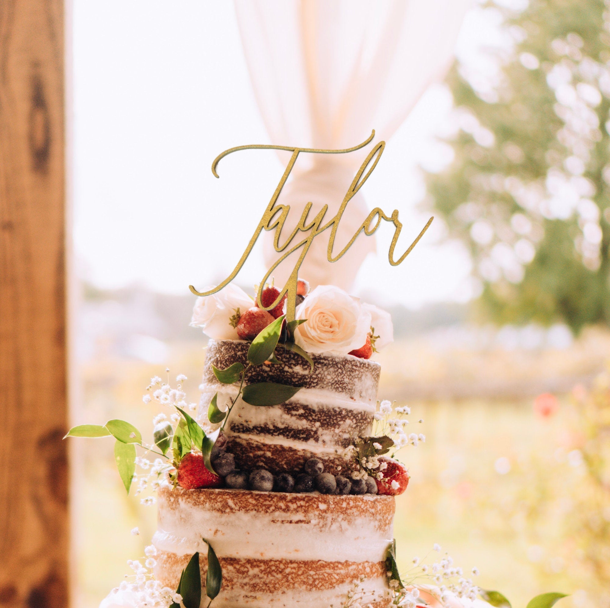 Elegant Script Name Wedding Cake Topper | Custom Anniversary Cake Topper Personalized | Gold, Silver, & Rose Gold Wood Cake Topper