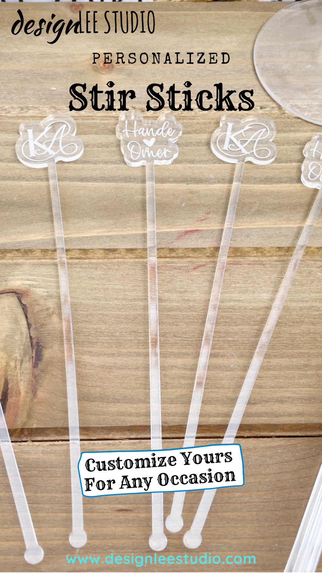 Personalized &amp; custom engraved stir sticks made of clear acrylic for weddings, events, restaurants, bars, swizzle sticks for parties